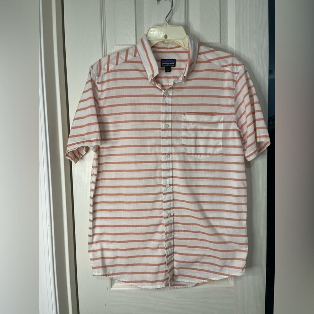 Patagonia Men's Terrain Stripe Sunset Orange Organic Cotton Camp shirt Small